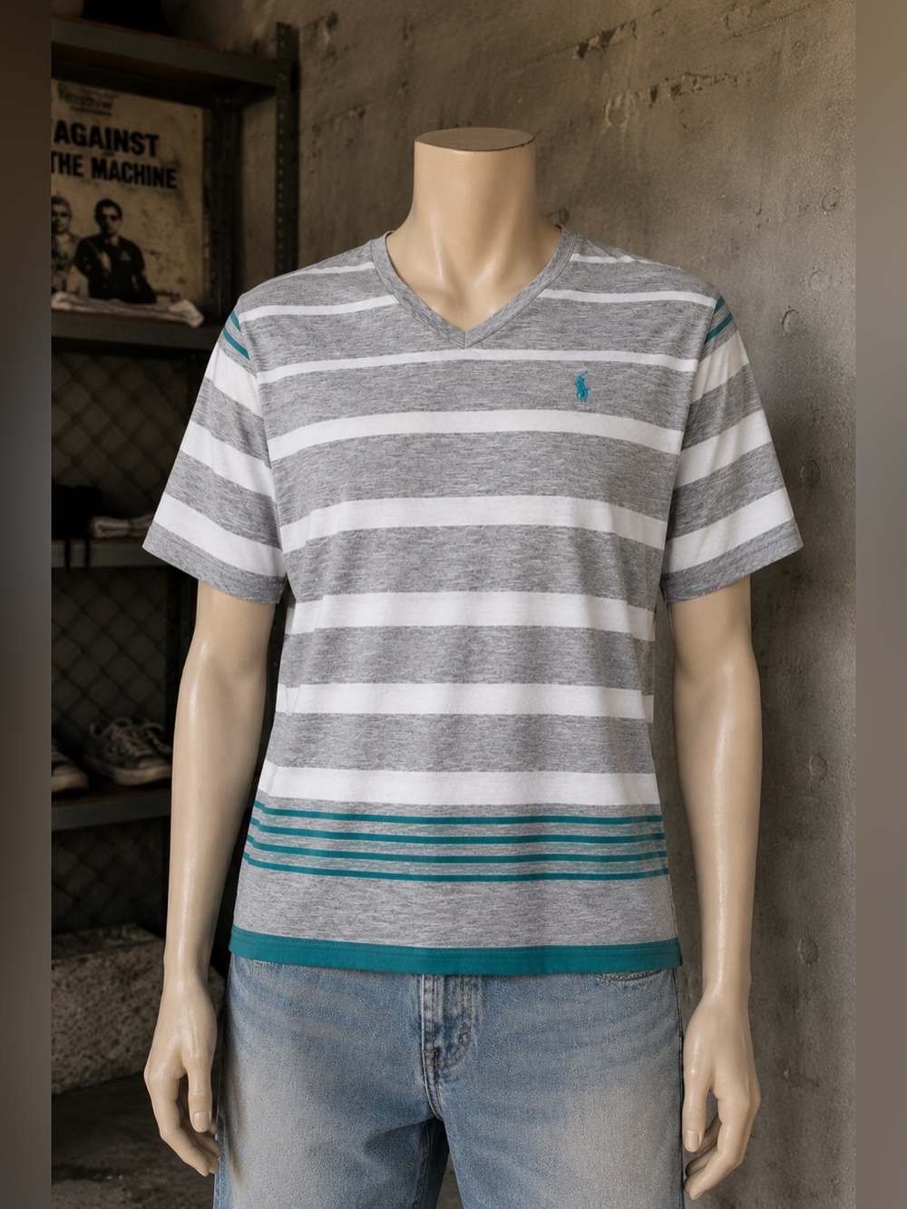 Polo Ralph Lauren Y2K Gray Striped V Neck Tee Shirt XL